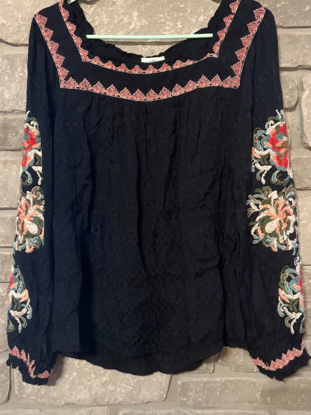 Sundance Black Embroidered Square Neck Blouse Floral Balloon Sleeve Top Size S